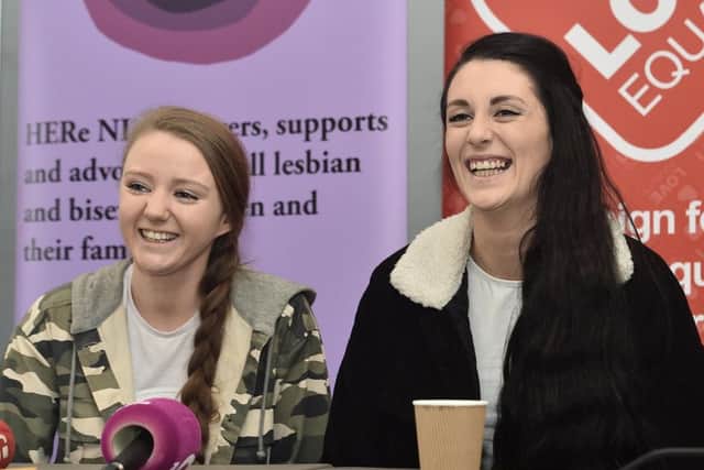 Robyn Peoples, 26,  and Sharni Edwards, 27, who announced during a press conference  at the Rainbow Project , that they will get married in Carrickfergus on their sixth anniversary next week. 
Pic Colm Lenaghan/Pacemaker