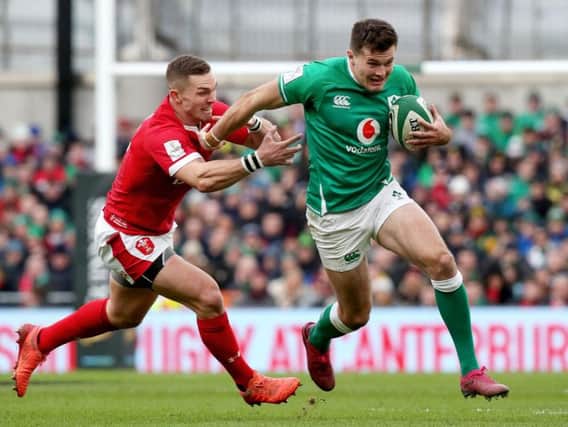 Ireland's Jacobn Stockdale on the attack against Wales