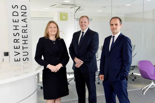 Eversheds Sutherland, Belfast Partners Lisa Bryson (Employment and Immigration), Gareth Planck (Real Estate) and Matthew Howse (Dispute Resolution & Litigation) in their new offices in Belfast City Centre