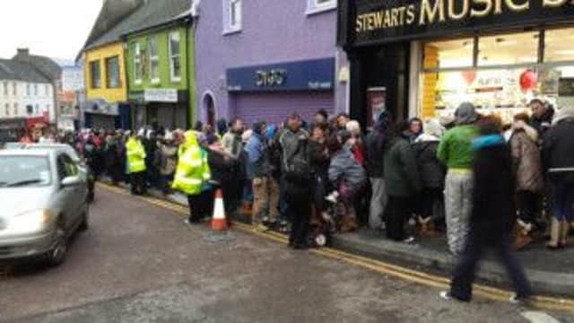 The queue outside Stewart's Music Shop Dungannon on Thursday morning,