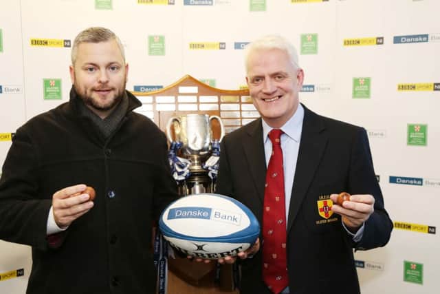 DRAW MAKERS:
Peter Hunniford from Danske Bank with Stephen Black, Headmasters Representative on the Ulster Schools' Committee