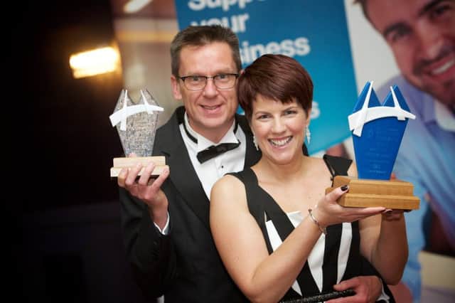 Niall and Jennifer McKeever of Airporter which was  named Business of the Year and awarded the Excellence in Innovation at the Londonderry Business Awards at the City Hotel