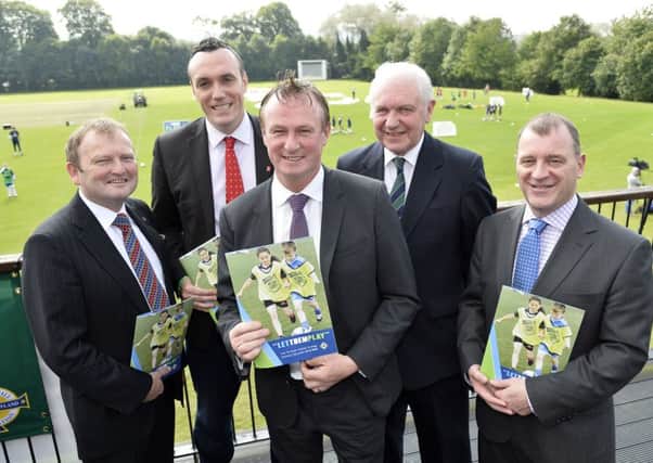 Northern Ireland manager Michael ONeill launches the Irish Football Associations new Let Them Play Youth football strategy along with Irish FA deputy president David Martin, IFA director of football development Michael Boyd, IFA president Jim Shaw and IFA chief executive Patrick Nelson.