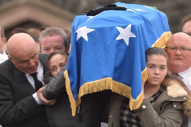 Family and Friends including Sean McGlinchy (left) at the funeral of leading republican Declan McGlinchey in his home town of Bellaghy. 
Pic: Pacemaker