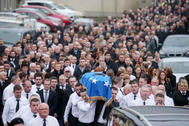 The funeral of Declan McGlinchey makes its way through the Co. Derry village on the way to Requiem Mass. Picture by Jonathan Porter/PressEye