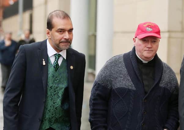 Dr Muhammad Al-Hussaini(left) and Father Patrick McCafferty at court in Belfast to support Pastor James McConnell . 

Picture by Jonathan Porter/PressEye