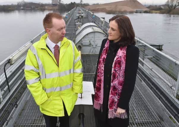 Secretary of State Theresa Villiers visited the Rivers Agencies sluice gates at Toome, which controls the water levels for Lough Neagh and met David Porter, Chief Executive of the Rivers Agency. Photo: Simon Graham/Harrison Photography