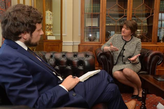 First Minister Arlene Foster speaking to the News Letter's Sam McBride in her office at Parliament Buildings Stormont on her first day at the head of the Executive.
Picture By: Arthur Allison;Pacemaker.
