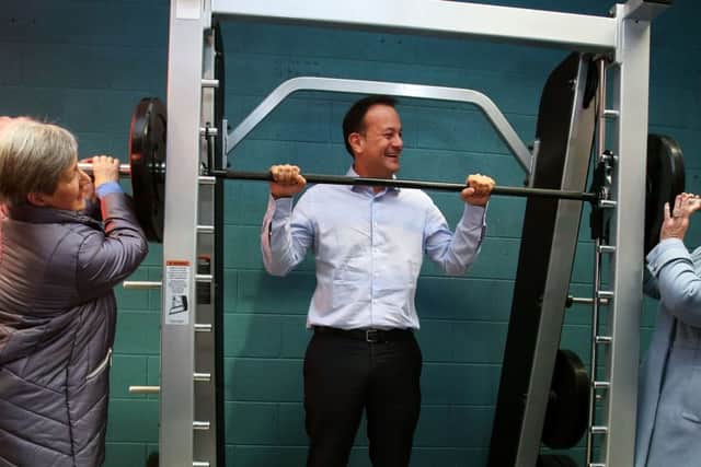 Minister for Health Leo Varadkar with Go For Life physical activity leaders Frances Regan (left) and Pat O'Flynn at Ballybough Community, Youth & Fitness Centre, Dublin
