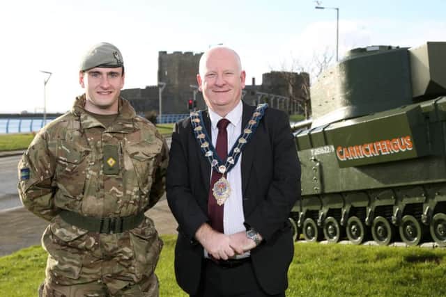 Mayor, Councillor Billy Ashe, welcoming lieutenant Joshua Campbell The Scottish and North Irish Yeomanry