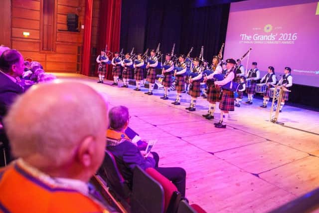 Major Sinclair Memorial Pipe Band entertain the audience at the annual Orange Community Awards, held in the Island Arts Centre, Lisburn on Friday night