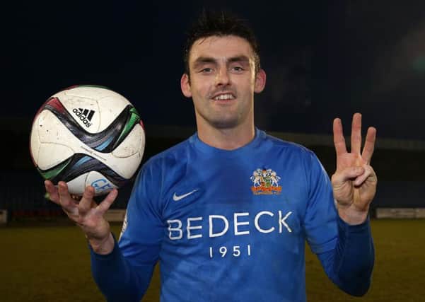 Glenavon  Eoin Bradley celebrates after scoring a hat-trick in a 3-3 draw with Cliftonville