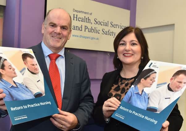 Chief nursing officer, Charlotte McArdle. and Professor Owen Barr from the University of Ulster, launch the Return to Practice campaign