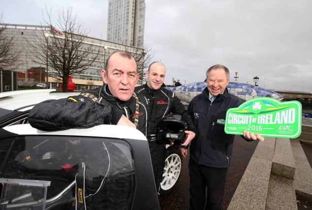 Star rally driver Jonny Greer (centre) launches Belfast as a key host in this year's Circuit of Ireland Rally alongside Lord Mayor of Belfast, Cllr Arder Carson (left) and Circuit event director Bobby Willis (right)
