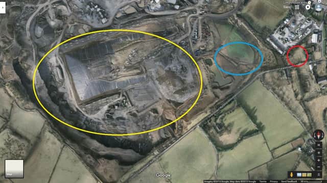 This satellite image shows the site of the development (red circle), the now covered landfill site (blue circle) and the huge landfill site and quarry (yellow circle). Main image: Google Earth