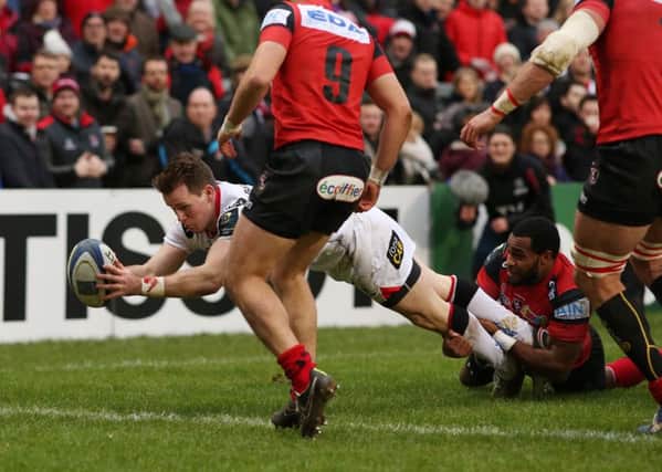 Ulster Craig Gilroy, scores a try against  Qyonnax