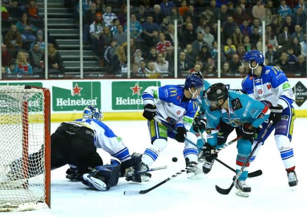 Belfast Giants' David Rutherford scoring against Coventry
