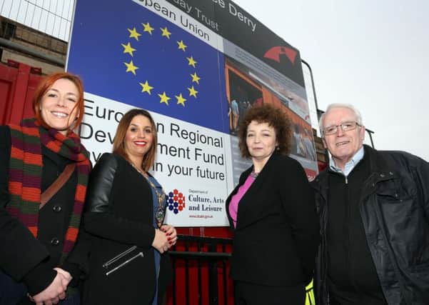 Caral Ni Chuilin pictured at the Museum of Free Derry, with Mayor of Derry City and Strabane  Elisha McCallion,  Julieann Campbell, chair, and John Kelly, of the Bloody Sunday Trust