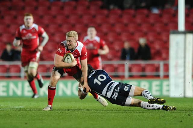 Ulster Outside Centre Stuart Olding is tackled by Bristol Rugby Fly-Half Matthew Morgan