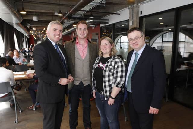 Ministers Jonathan Bell and Stephen Farry pictured with Barry OBrien of the Silicon Valley Bank, and NI Tech Mission participant Rachel Gawley of Belfast based firm AppAttic