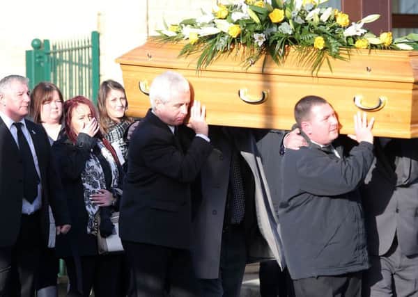Funeral of Eddie Girvan at Mulholland's funeral home in Carrickfergus.  The 67-year-old father of two was stabbed to death at his home Greenisland last week