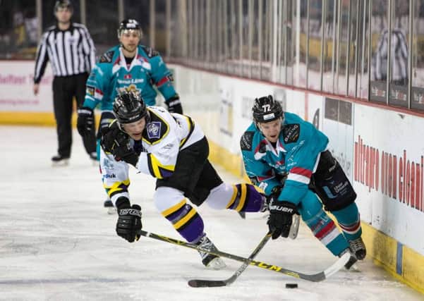 Darryl Lloyd battles for the puck during Tuesday's Challenge Cup clash in Belfast