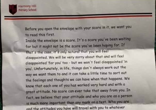 A portion of the letter from Harmony Hill PS to pupils receiving their transfer test results