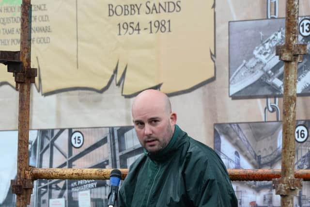 Republican spokesman Dee Fennell speaking at an ant-internment march from the nationalist Ardoyne area of North Belfast.