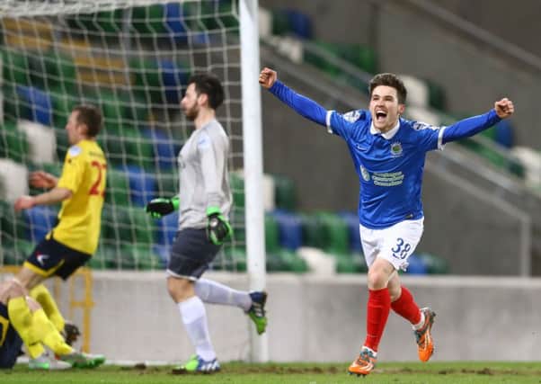 Linfield's Paul Smyth celebrates scoring against Dungannon Swifts.