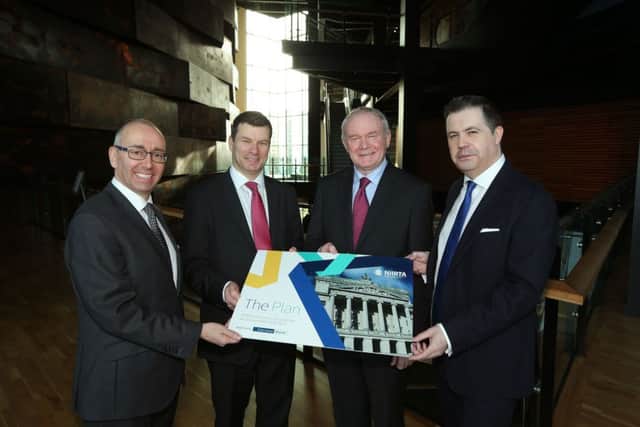 Deputy First Minister Martin McGuinness pictured at the NIIRTA manifesto launch event with, from left, Danske Bank CEO Kevin Kingston and NIIRTA chair and CEO Nigel Maxwell and Glyn Roberts