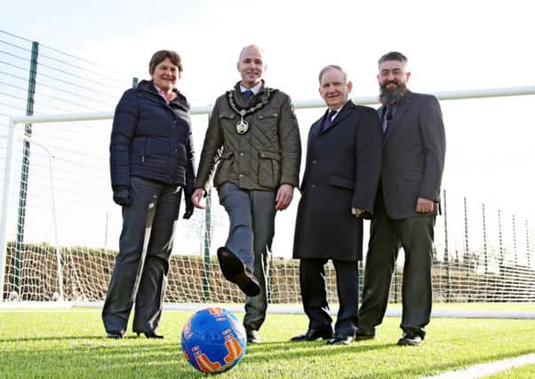 First Minister Arlene Foster, Lord Mayor, Armagh City, Banbridge and Craigavon Borough Council, Darryn Causby, Social Development Minister Lord Morrow and Bryan Hunter, WM Kilcluney LOL132  & Chairman of Kilcluney Management  and Development Committee.