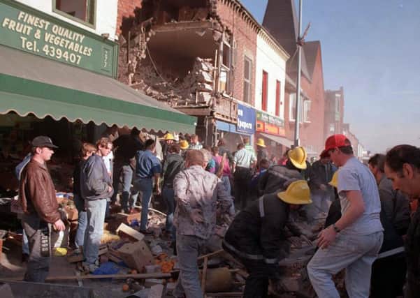 PACEMAKER BELFAST    Archive  Flashback to 1993
IRA bomb in Frizell's Fish shop killed 9 innocent people and one bomber.
Picture shows a scene of devastation across the Shankill Road on a busy Saturday afternoon