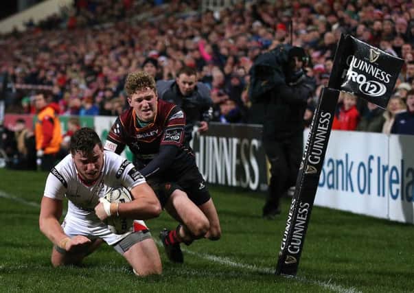 Ulster's Sean Reidy scores a try against the Dragons