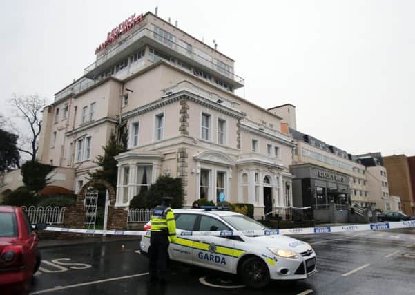 The scene outside the Regency Hotel in Dublin after one man died and two others were injured following a shooting incident at the hotel last Friday
