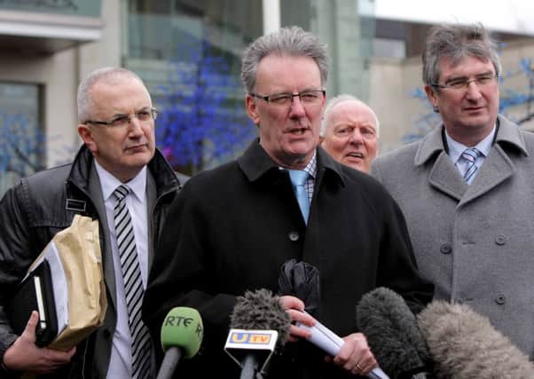 Jeff Dudgeon, background, with UUP team, from left, Danny Kennedy, Mike Nesbitt and Tom Elliott after meeting Dr Richard Haass in 2013. Picture: Matt Mackey/Presseye.com