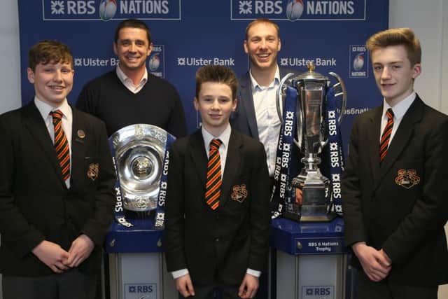 James Campbell, Ryan Neill and Carter McCluskey from Killicomaine Junior High School with Stephen Ferris and Alan Quinlan