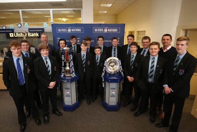 Portadown College pupils with Stephen Ferris and Alan Quinlan during the Ulster Bank-hosted RBS 6 Nations Trophy tour in Portadown