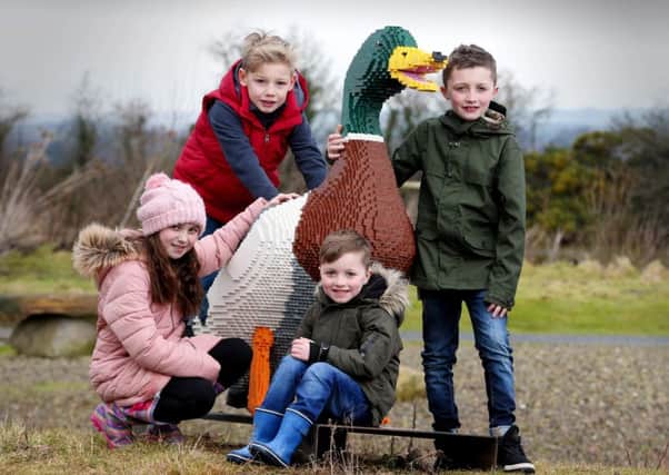 Casey Robinson (10), Watson Kingham (8), Noah Pye (4) along with his brother Dean Pye (8) and Mac the Mallard, the LEGO brick animal, at WWT Castle Espie Wetland Centre, Comber.