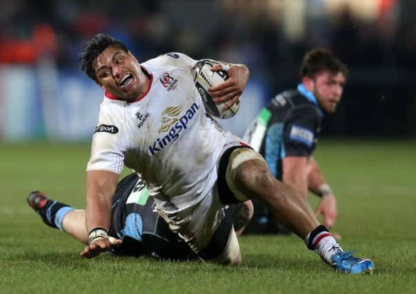 Ulster's Nick Williams is tackled by Glasgow's Rob Harley