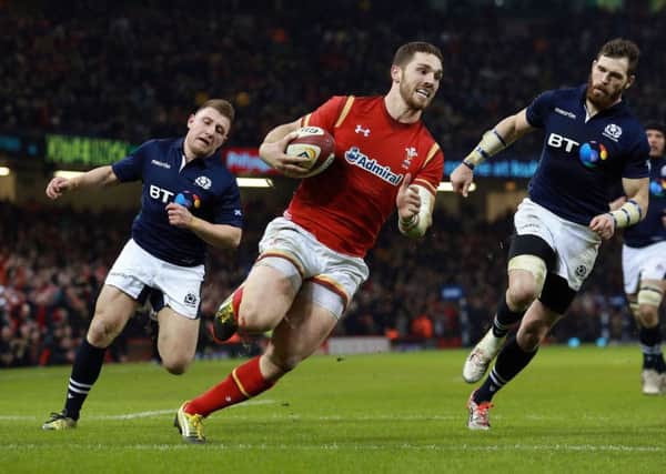 George North scores Wales' third try against Scotland
