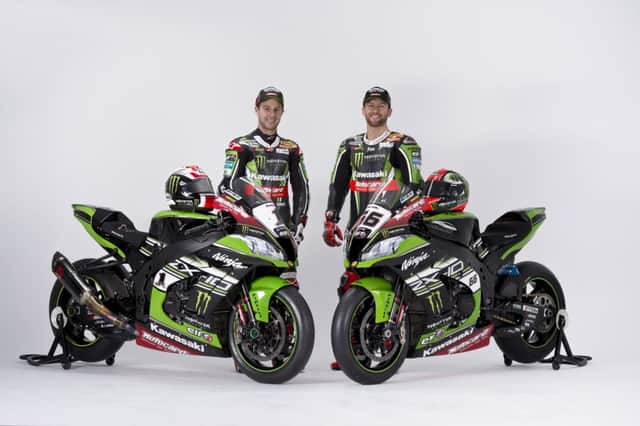 Factory Kawasaki riders Jonathan Rea (left) and Tom Sykes with the 2016 Ninja ZX-10R.