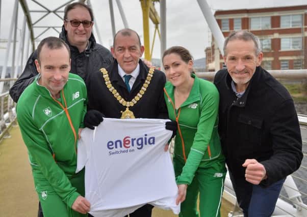 Pictured in Victoria Park, the venue for the 12th IAU 24 Hour World Championships in 2017, are Lord Mayor of Belfast, Councillor Arder Carson, (l-r) Irish athlete John OReagan, Michael Ringland, Marketing Manager for event sponsor Energia, Irish athlete Ruthann Sheahan and Ed Smith, Chairperson of the World Championship Bid Committee and Race Director.