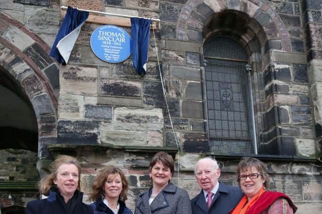 First Minister Arlene Foster, centre, at yesterdays plaque unveiling event at Sinclair Seamans Presbyterian Church in Belfast with descendants of Thomas Sinclair: Jane Charley Argles, Elizabeth Charley, David Kingan and Catherine Charley