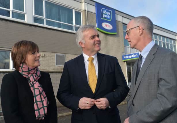 DEIT Minister Jonathan Bell with Mike Mullan, Moy Park HR Director (Europe) and Katharine Strain, Head of Talent and Organisational Development