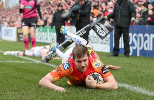 Scarlets Michael Collins scores his second try against Ulster in the 21-20 win in Belfast