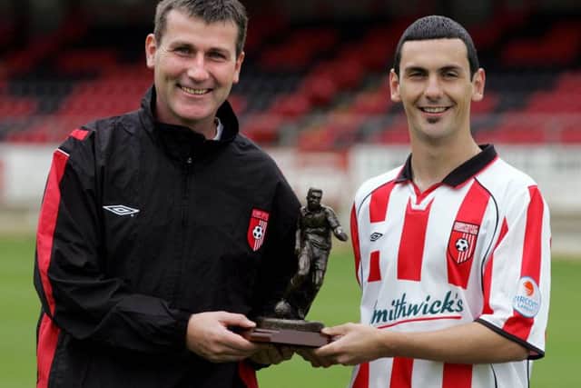 Mark Farren is presented with the eircom/Soccer Writers Association of Ireland Player of the Month award for July 2005 with Stephen Kenny then manager of Derry City F.C. Photo: Lorcan Doherty/SPORTSFILE