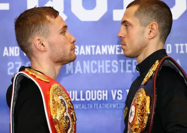 Carl Frampton and Scott Quigg pictured at Thursdays press conference in Manchester ahead of Saturday nights World Super-Bantamweight unification clash at the Manchester Arena.