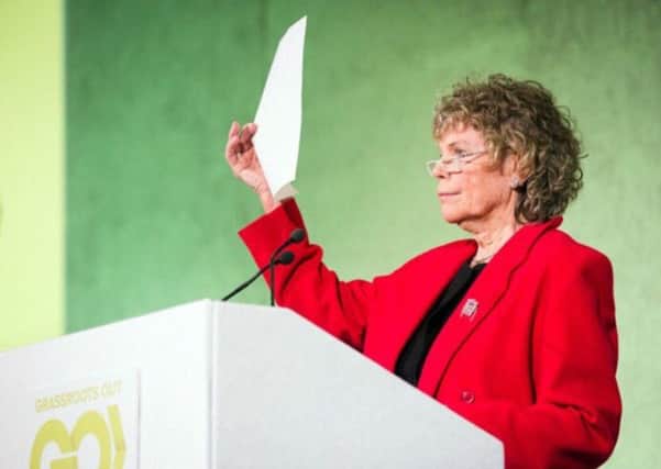 Kate Hoey brandishes a white piece of paper, denoting David Cameron's failure in the EU renegotiation, at a Grassroots Out rally at the QE2 Centre in London on Friday February 19 2016.
