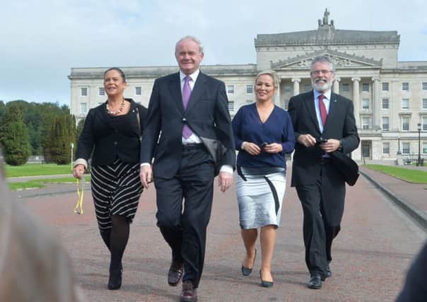 Sinn Fein's Mary Lou McDonald TD , Martin McGuinness MLA,Michelle ONeill MLA and Gerry Adams TD at Stormont in 2015. Pic Pacemaker
