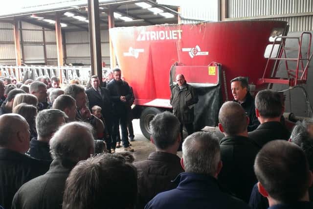 David Cameron at Harold Johnston's dairy farm, Ballybollan House near Ahoghill in Co Antrim, as part of the prime minsiter's pro EU tour of the UK. By Ben Lowry
